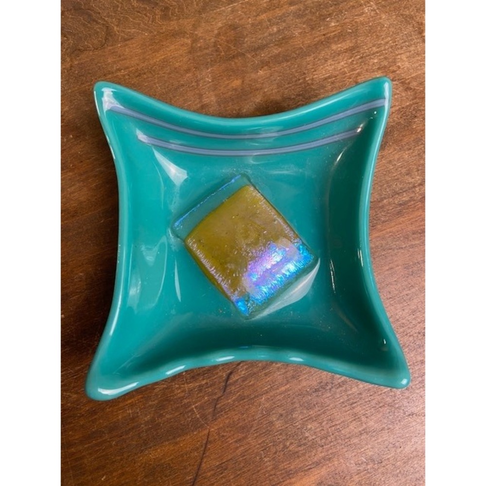 Handmade Fused Glass Trinket Dish Teal Turquoise Dichroic Iridescent Art Glass
